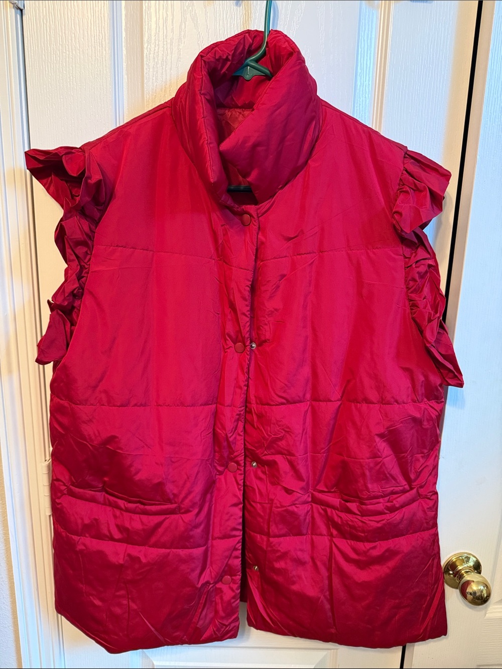 Ruffle-Trim Sleeveless Puffer Vest in Bright Fuchsia